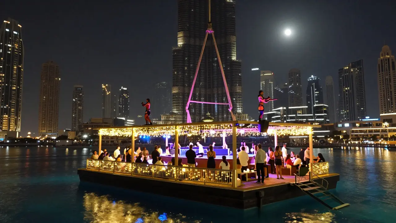 Floating nightclub Cloud 9 on Dubai Marina with pool deck, aerial performers, and city skyline.