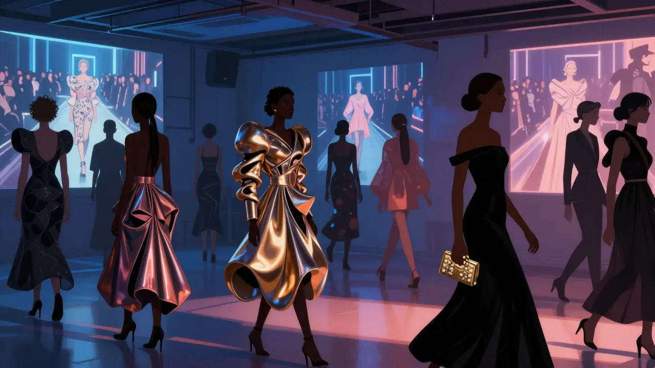 Guests in avant-garde fashion at a silent disco in Wagamama's basement with neon runway projections.