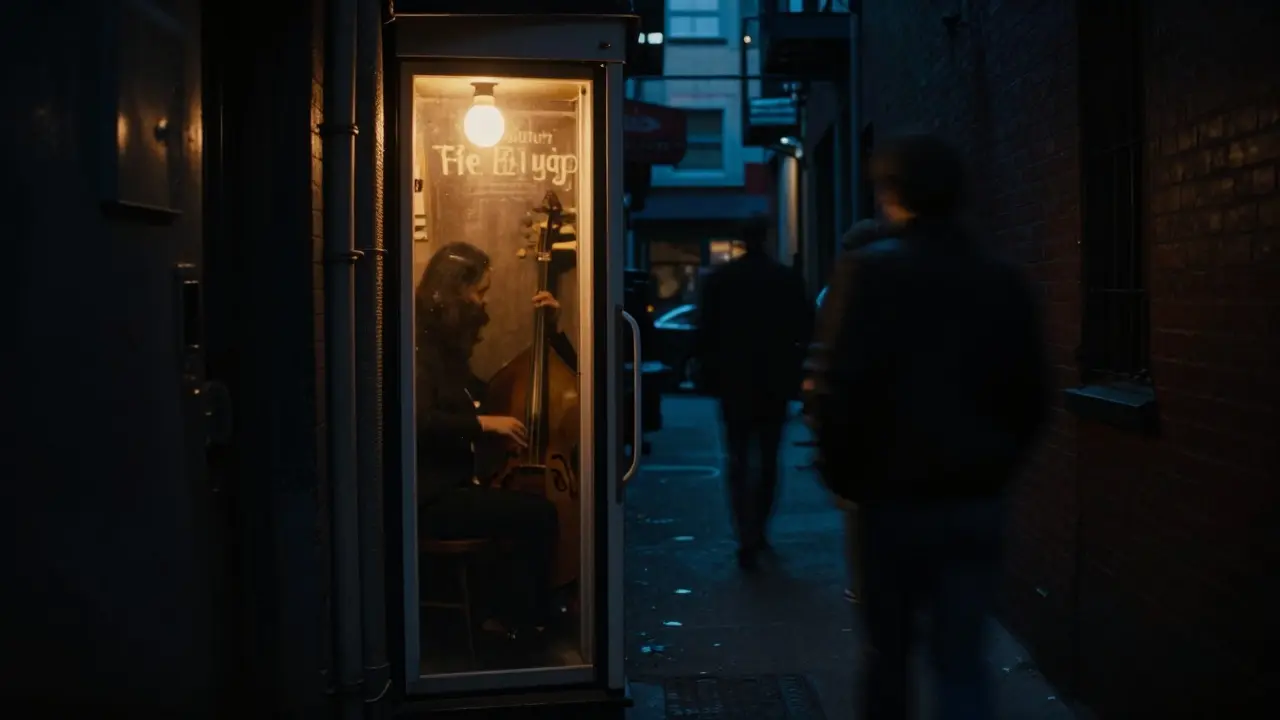 Hidden alleyway with a fridge door slightly open, revealing warm light and jazz music.