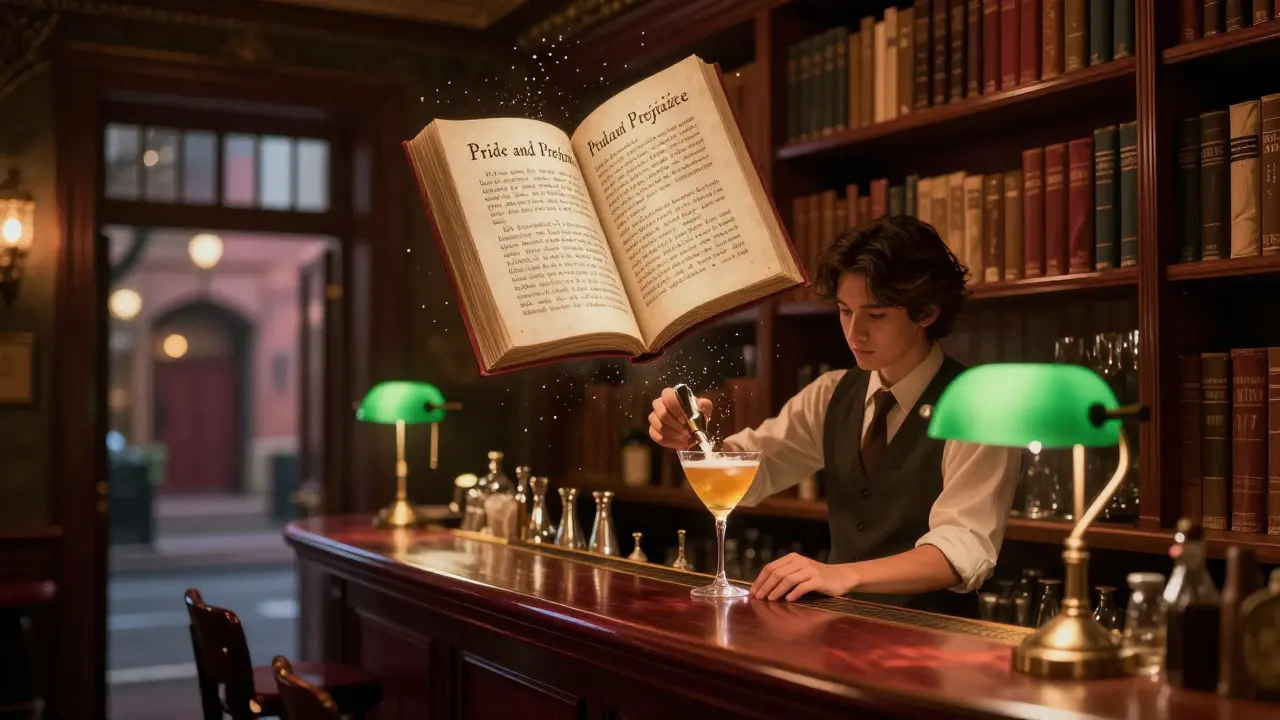 Hidden bar inside a vintage library with floating cocktail ingredients glowing in the dark.