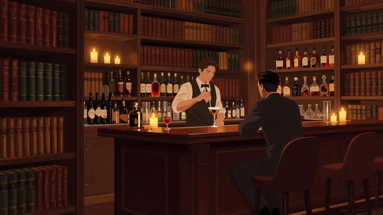 Hidden bar with bookshelves and bartender mixing a local-inspired cocktail.