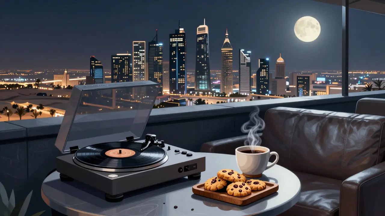 Hidden rooftop bar with leather couches, vinyl player, and panoramic city lights at midnight.