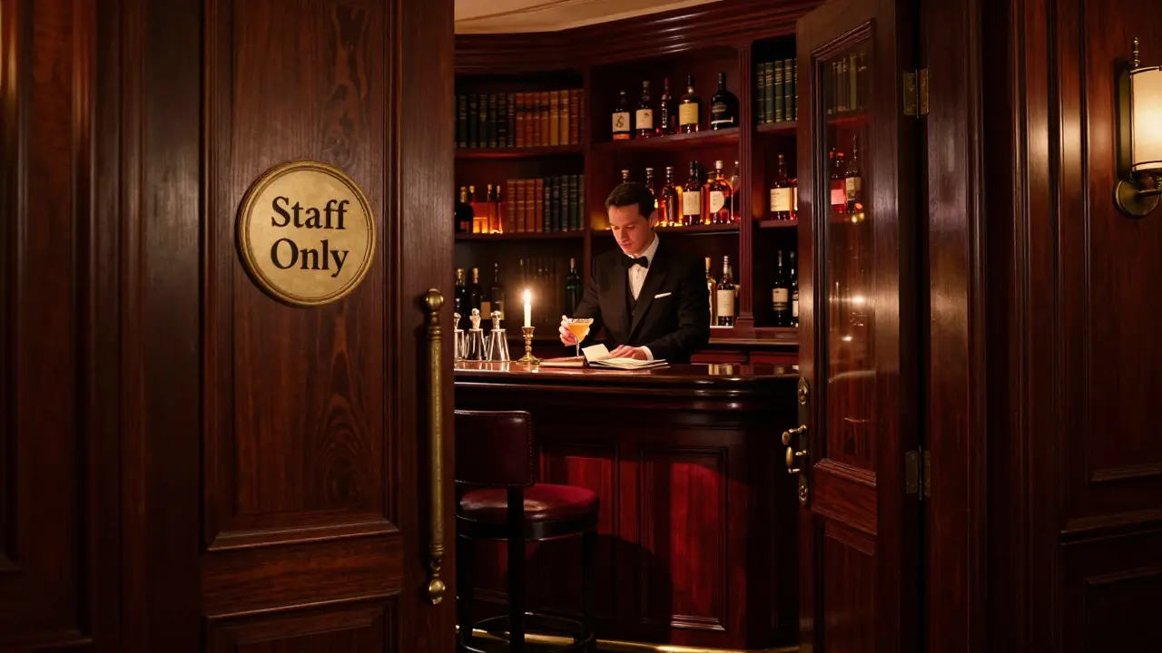 Hidden speakeasy bar with bookshelves and candlelit cocktail preparation