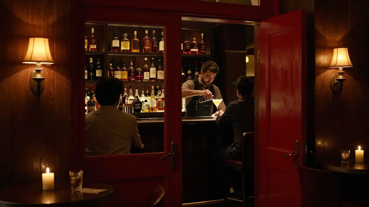 Hidden speakeasy bar with candlelit ambiance and whiskey bottles in dim lighting.