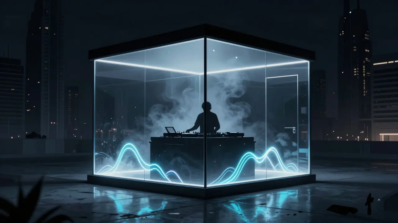Hidden underground club with industrial lighting and pulsing bass in a glass box.