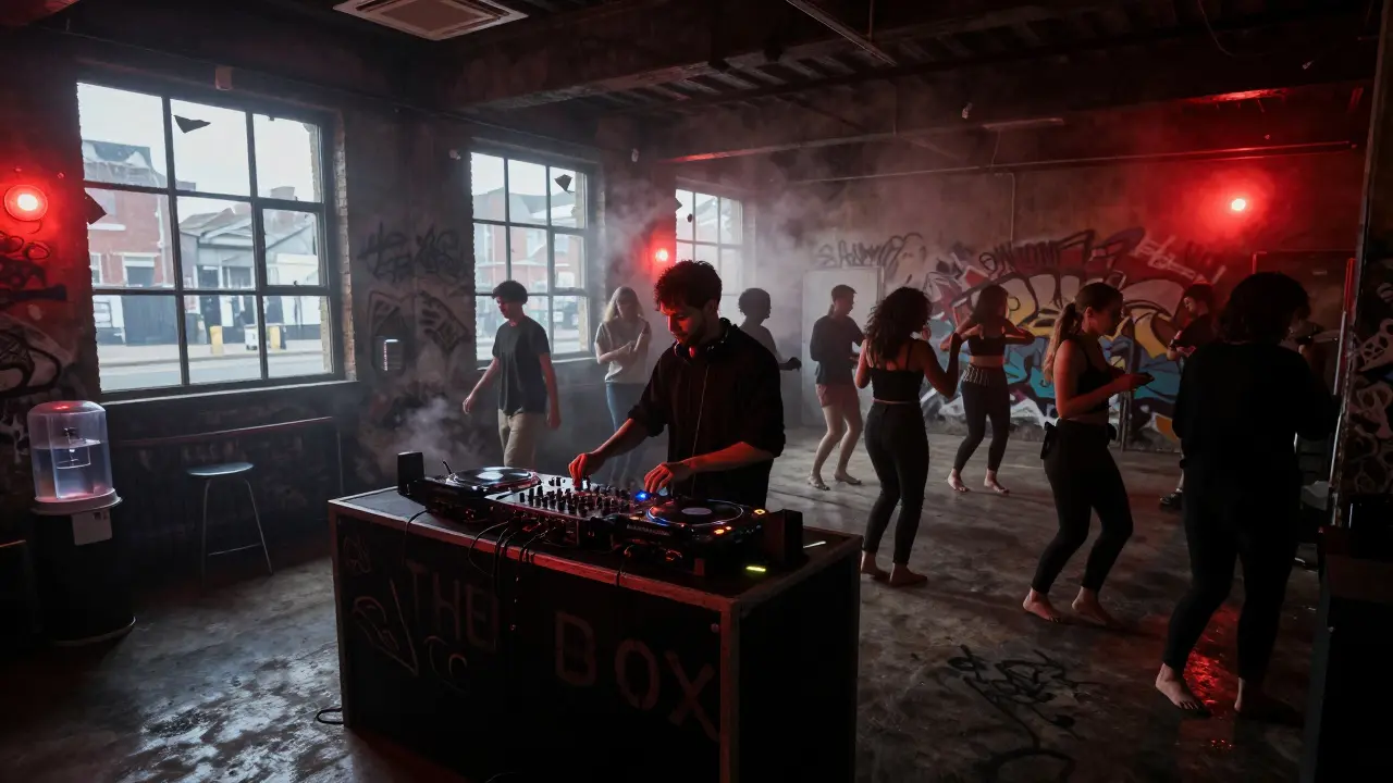 Hidden warehouse party at dawn with single DJ booth, water stations, and barefoot dancers in dim red light.