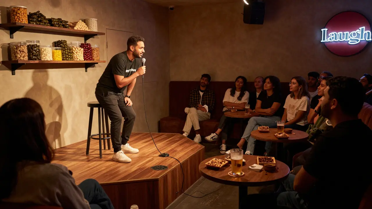 Intimate comedy club with a local comedian on a small stage, patrons enjoying snacks and drinks in warm lighting.