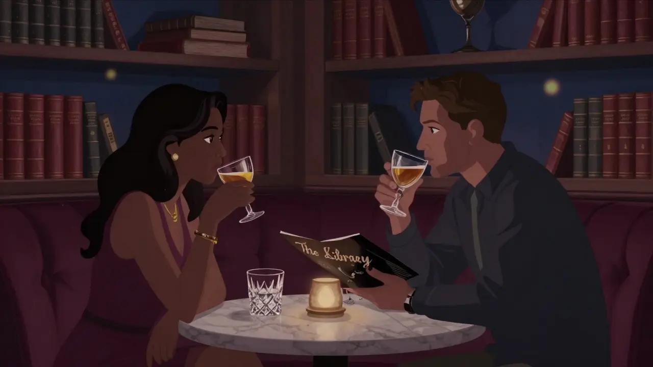 Intimate couple in a dimly lit speakeasy lounge sharing a cocktail amid bookshelves and soft jazz ambiance.