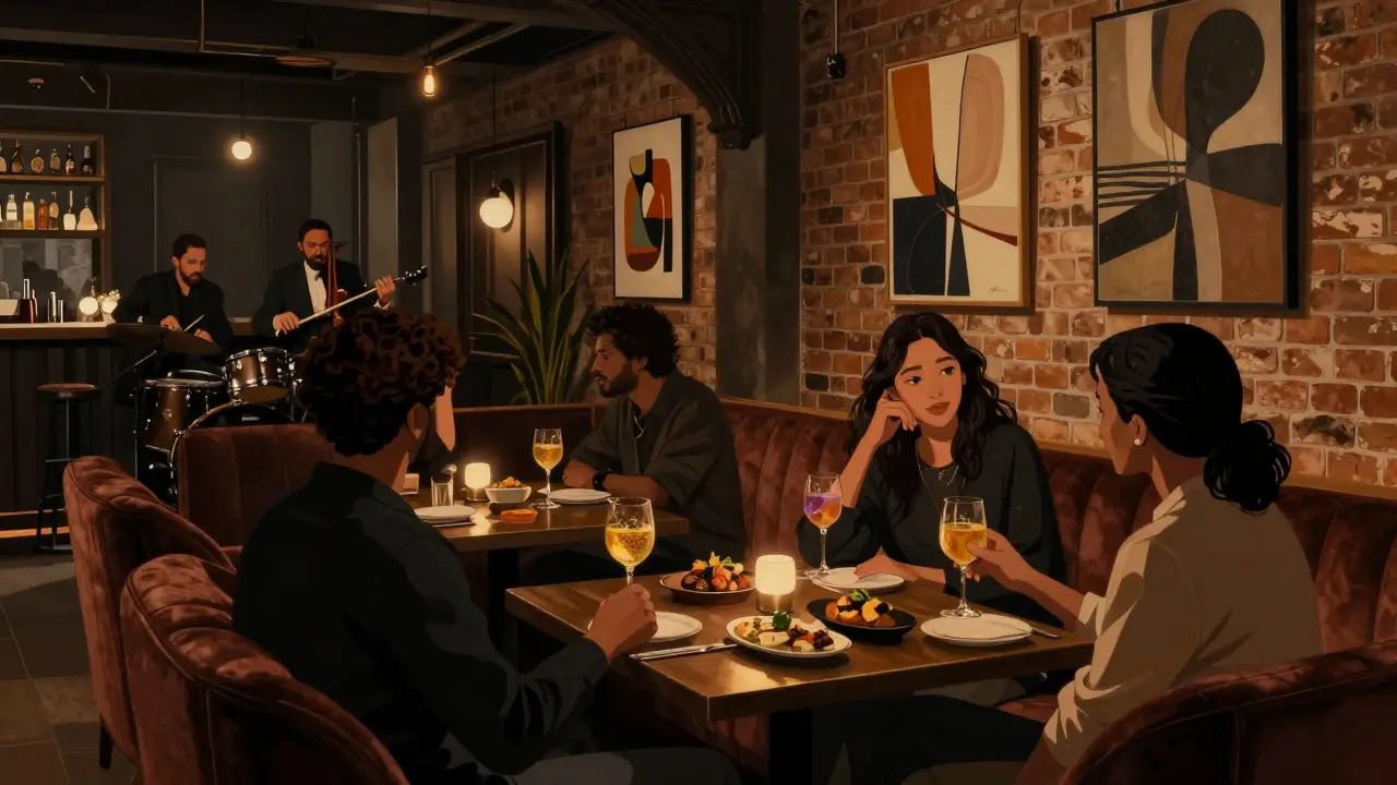 Intimate jazz bar with couples seated in low lighting, surrounded by art and warm ambiance.