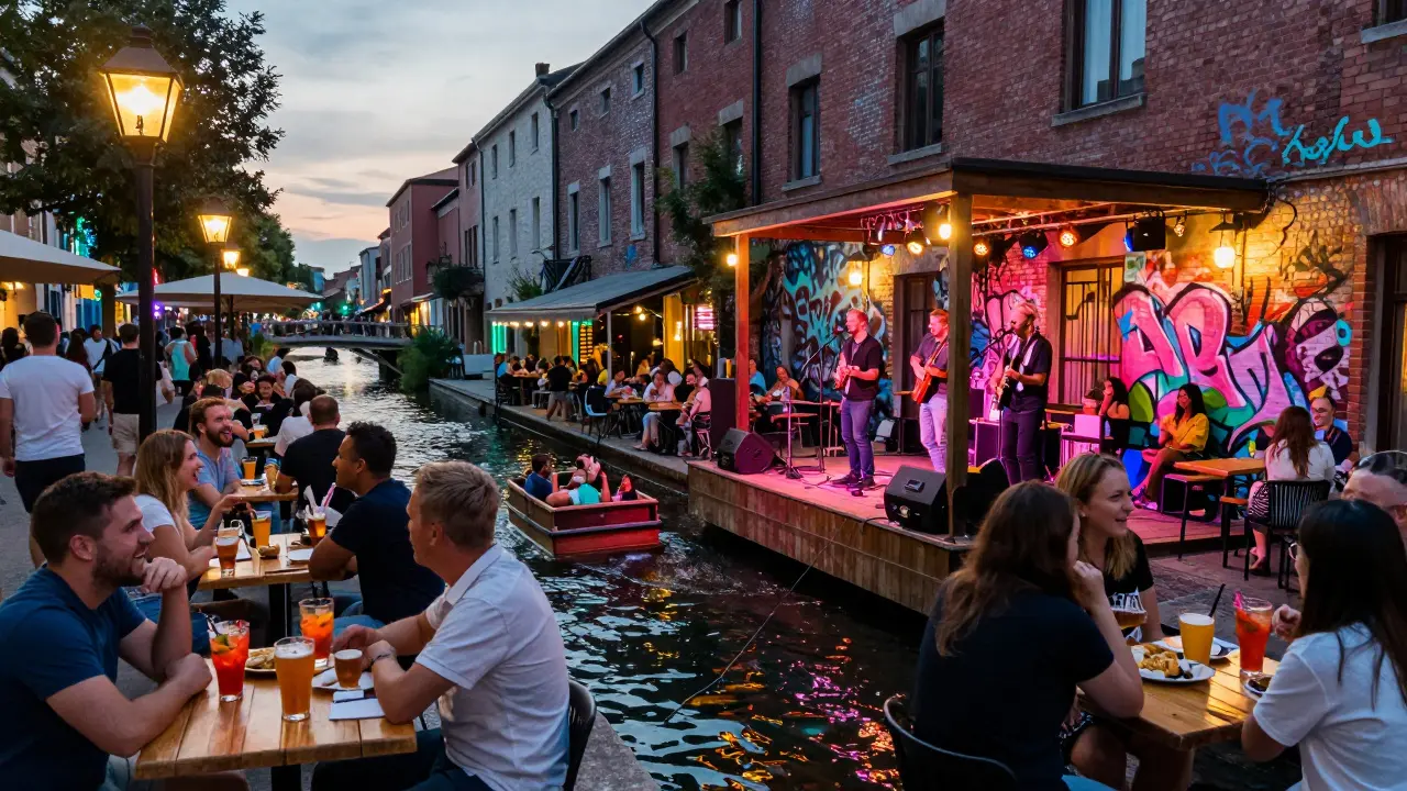 Lively Navigli canal side party with people enjoying craft drinks and live music under glowing lanterns.