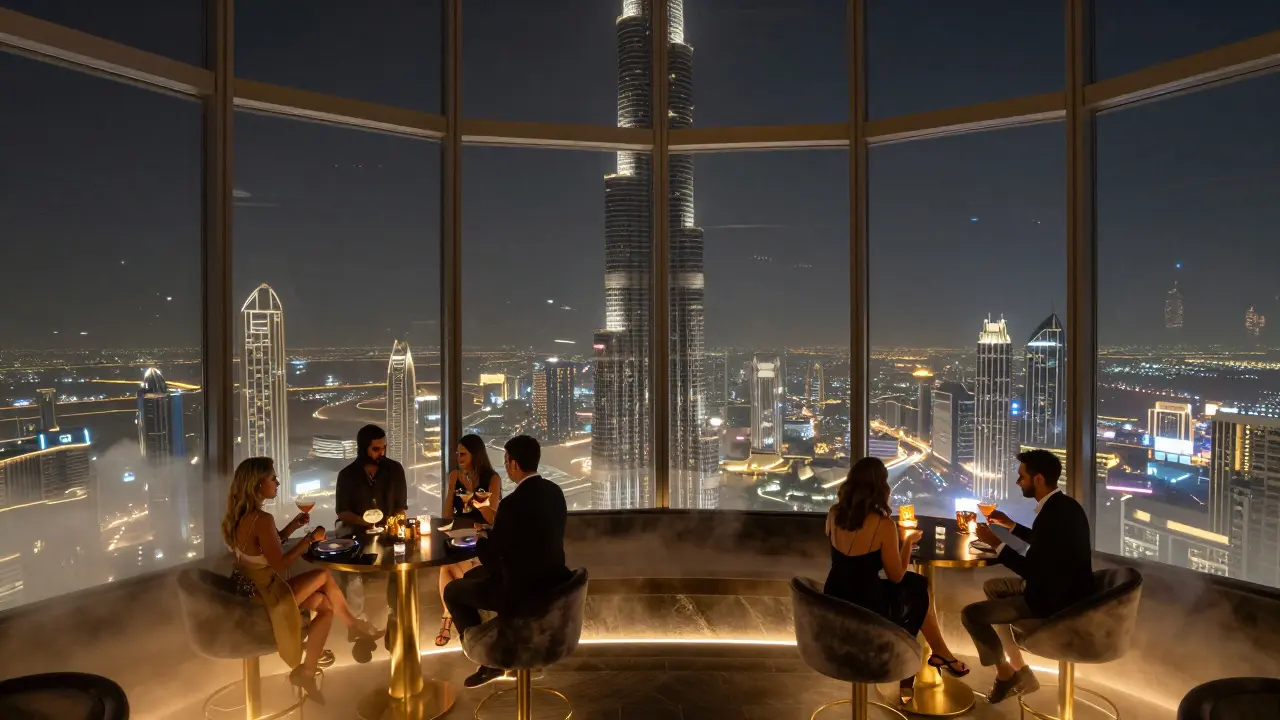 Luxury nightclub high above Dubai’s skyline with glowing city views.