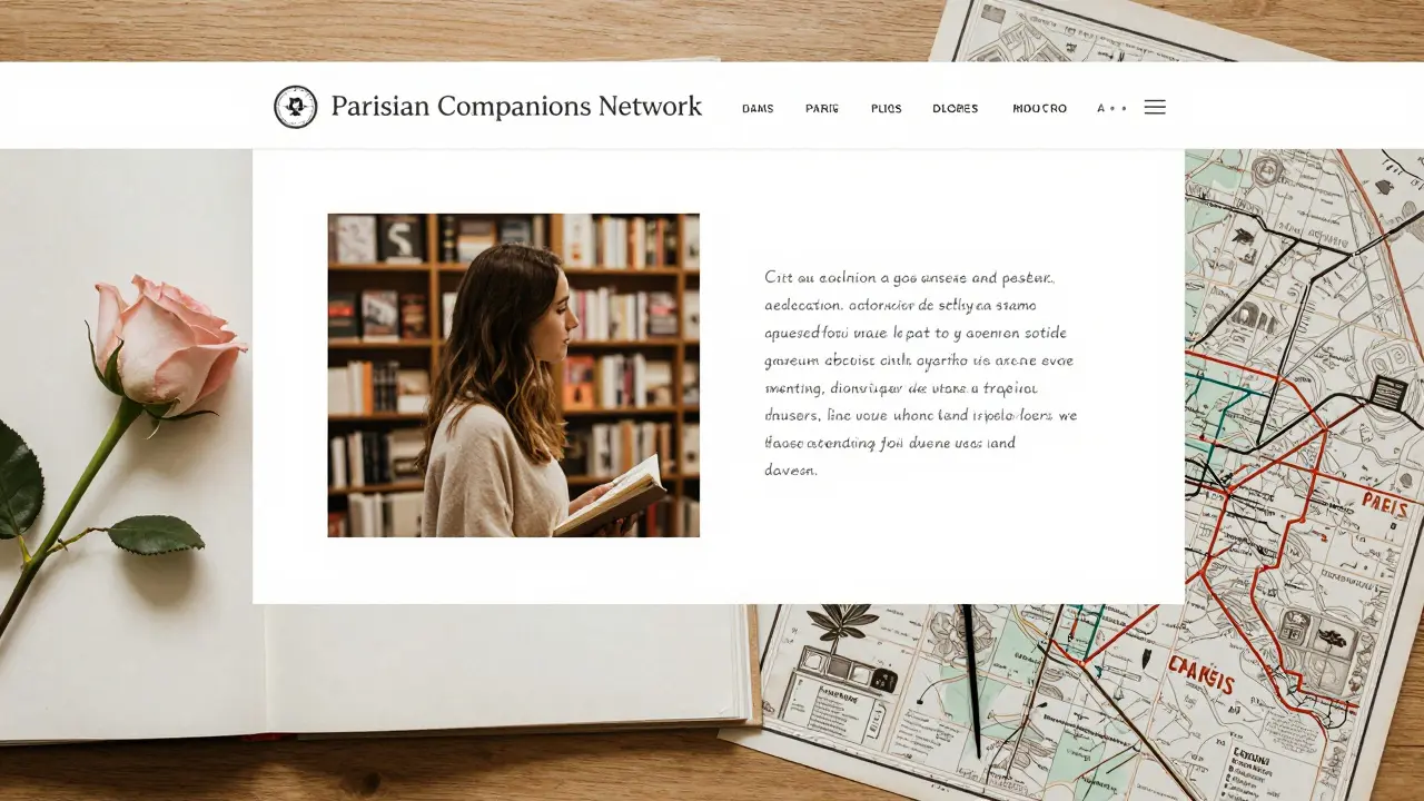 Minimalist escort profile with natural photos, book, and metro map on wooden table.