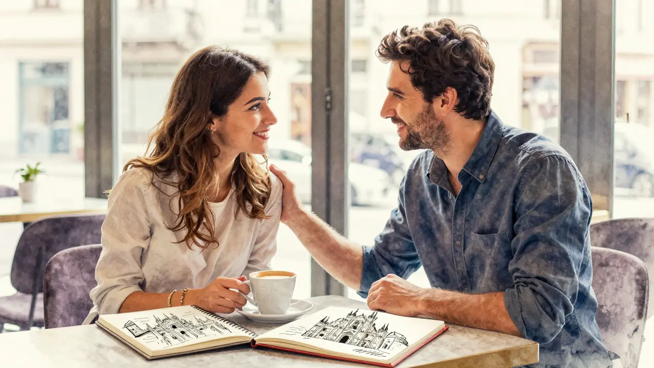 Morning farewell in a Milan café, respectful and heartfelt.