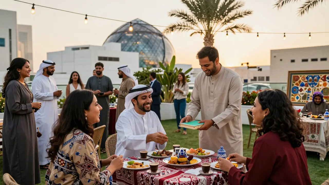 People socialize at a sunny rooftop event in Abu Dhabi, sharing food and conversation.
