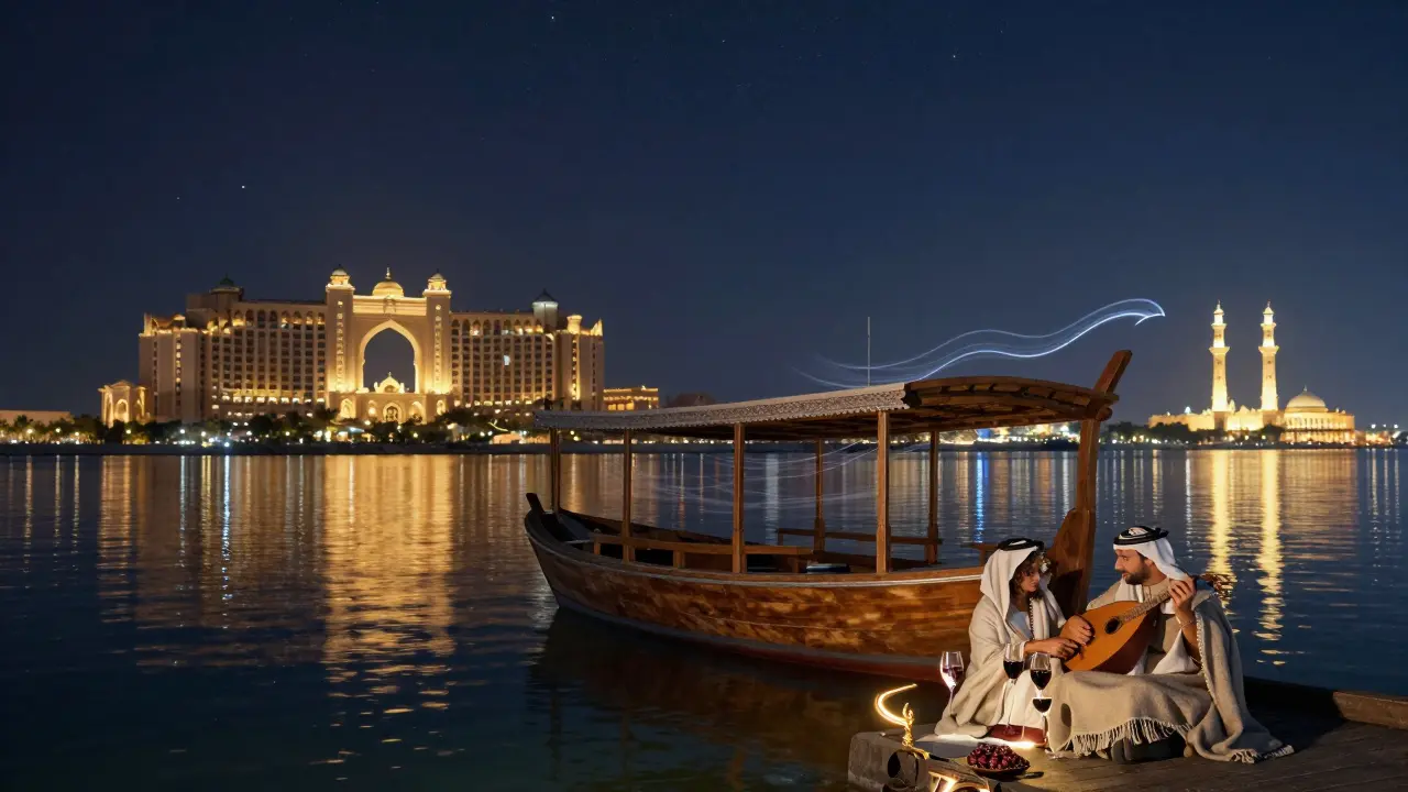 Private dhow cruise at night with city lights reflected on calm water under a starry sky.