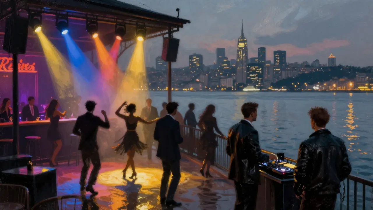 Reina nightclub on the Bosphorus, dancers silhouetted against glowing water and city skyline.