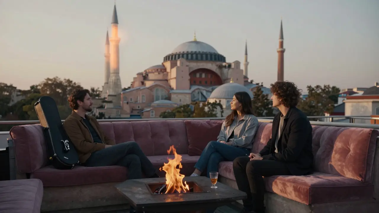 Rooftop at dawn in Istanbul, two people relaxing with city views as sunrise lights the minarets.