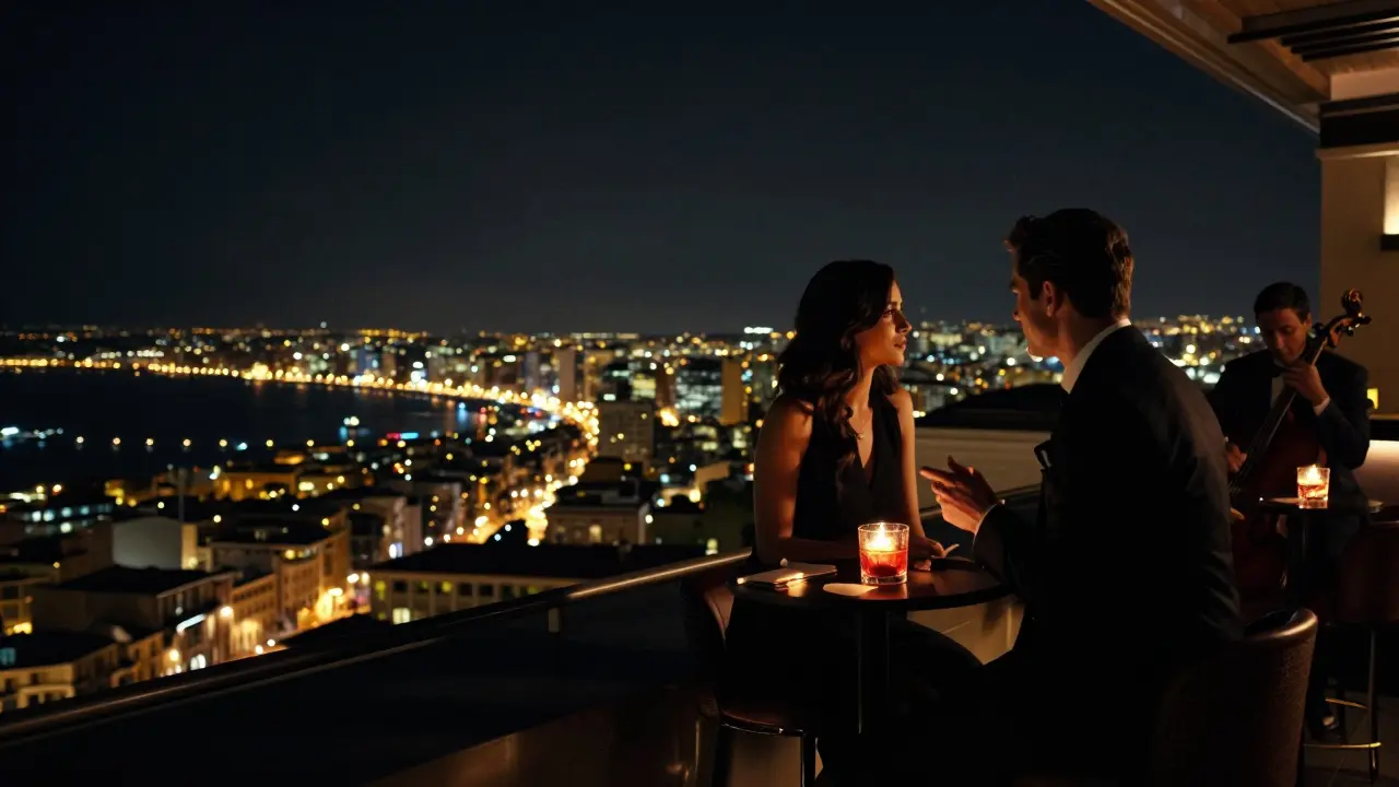 Rooftop bar overlooking Monaco's glittering city lights and the Mediterranean at night.