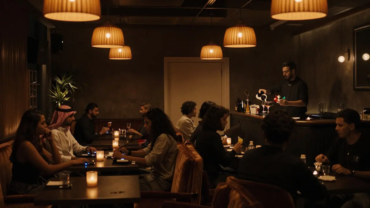 Secret lounge with velvet booths and soft lighting, no signs visible.