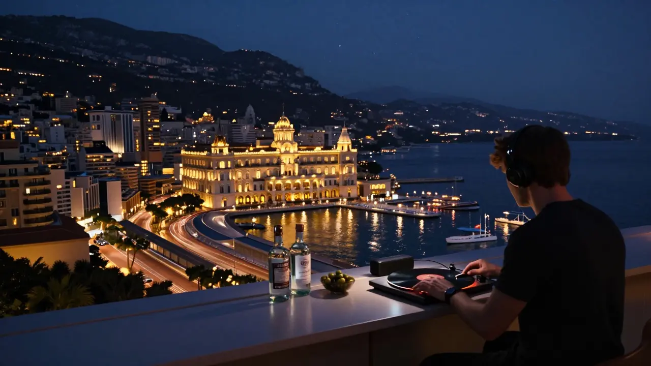 Secret rooftop bar at dawn with gin bottles and harbor lights, silent and starlit, no signs or people crowding.