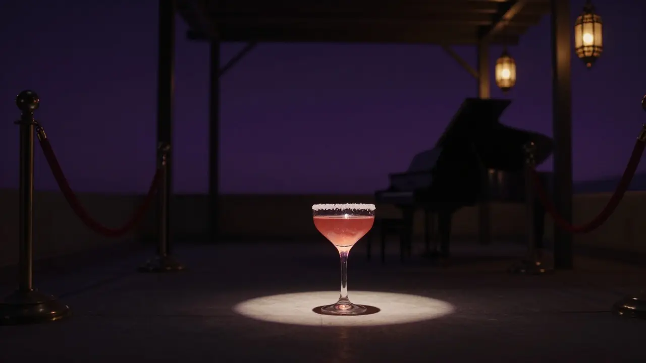 Secret rooftop lounge entrance with a single cocktail lit by spotlight, no people, only mystery.