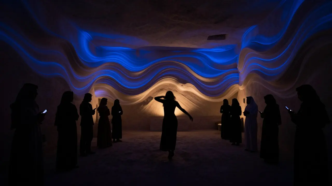 Secret venue with pulsing blue and amber lighting, figures dancing in shadow