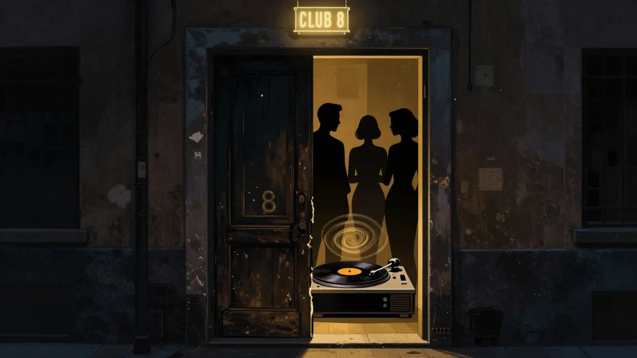 Silhouettes of patrons entering a hidden nightclub through a narrow alley at night.