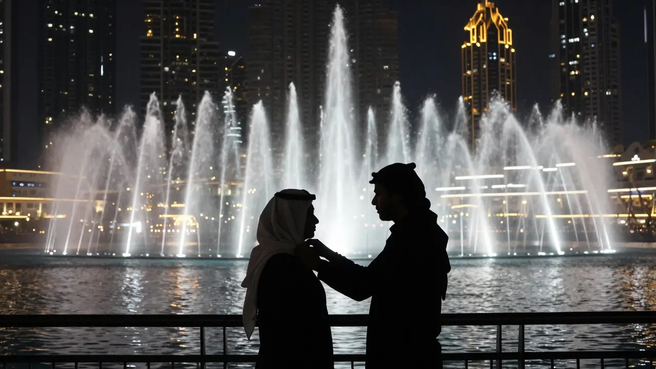 Silhouettes of two people at Dubai Fountain at night, water jets lighting up the skyline in a moment of quiet connection.
