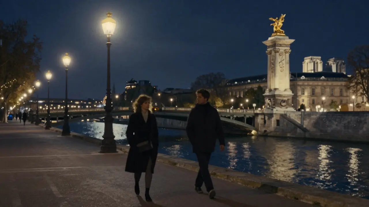 Silhouettes of two people walking peacefully along the Seine at night under moonlight.