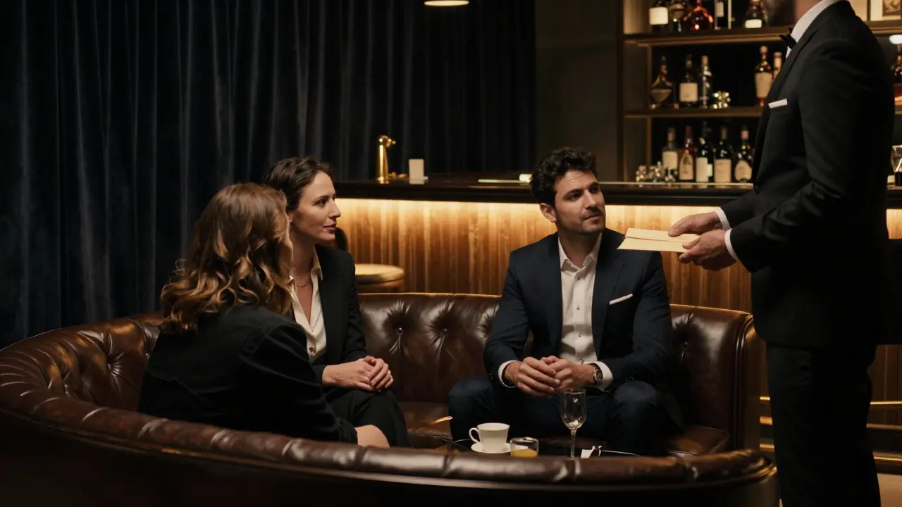 Two individuals in a private members&#039; lounge exchanging a sealed envelope, surrounded by opulent but discreet decor.