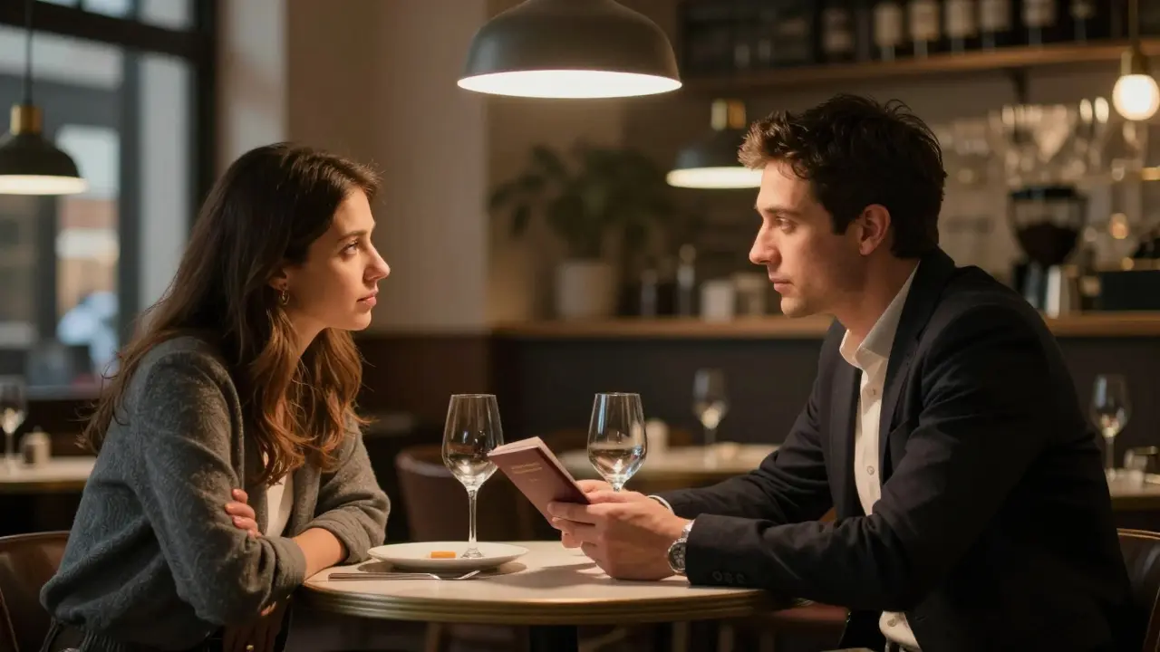 Two people meet in a quiet Milanese café, one showing identification as part of a cautious verification.