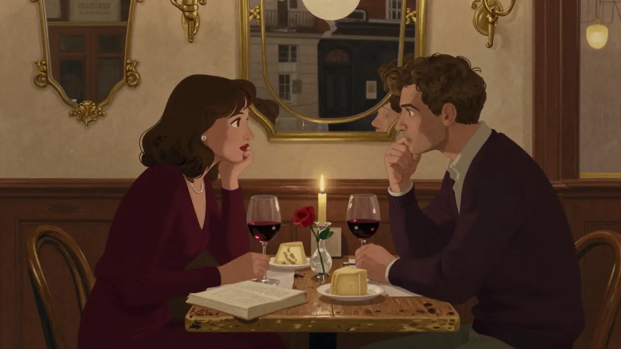 Two people share an intimate dinner in a cozy Parisian bistro, candlelight casting warm glow on their conversation.