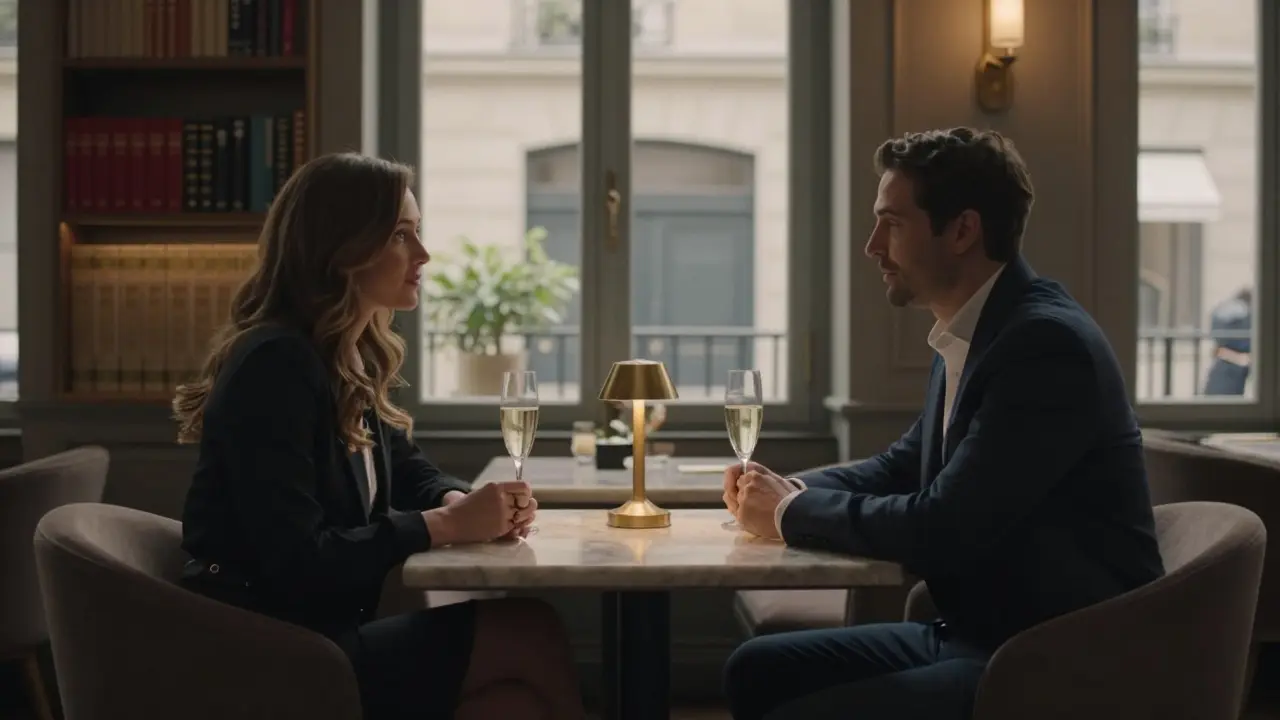 Two people share Champagne in a quiet hotel lounge, speaking calmly under soft lamplight.