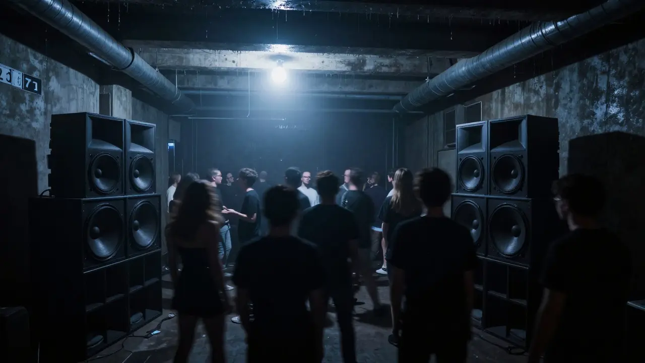 Underground techno club in Zone 1 with a foggy warehouse crowd dancing in near darkness to pulsing bass.