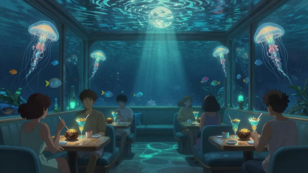Underwater lounge with glowing sea creatures swimming past guests, lit by soft blue light and floating coconut cocktails.