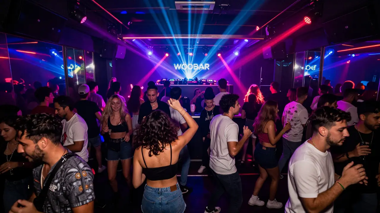 Vibrant nightclub interior with dancers under neon lights and strobe effects.