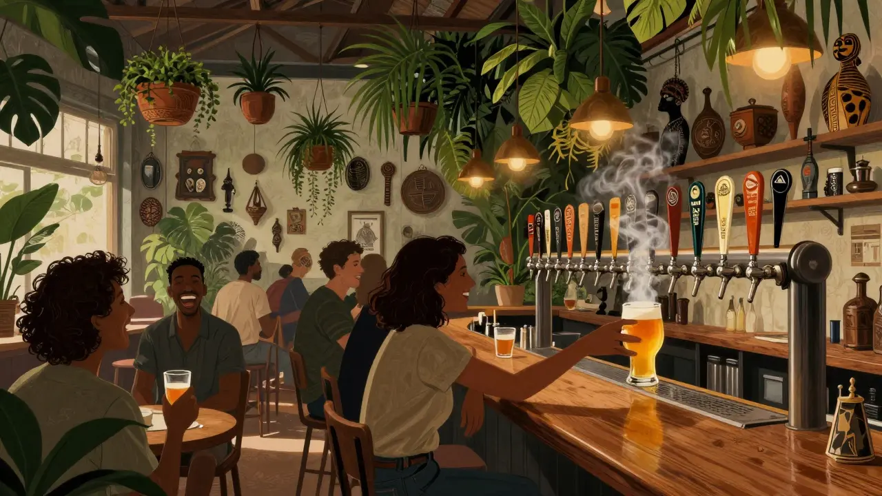 Vibrant warehouse bar with plants, African artifacts, and patrons enjoying craft beers at a wooden counter.