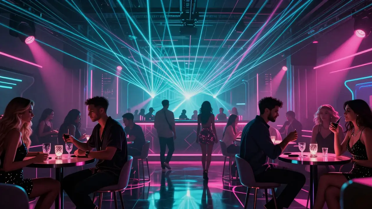 White Dubai nightclub with laser lights, energetic crowd, and neon reflections.