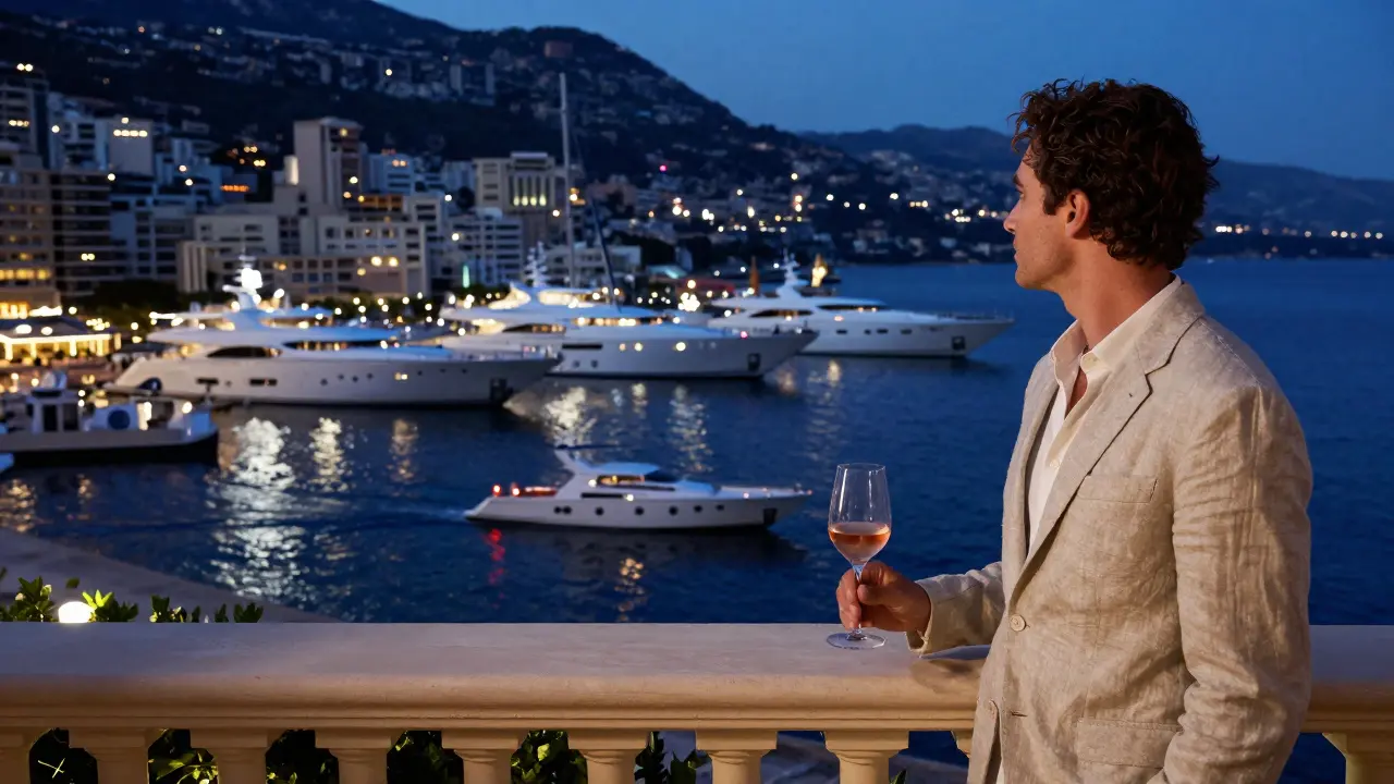 Yachts glowing on Monaco's harbor at dusk, someone holding rosé on a quiet terrace.