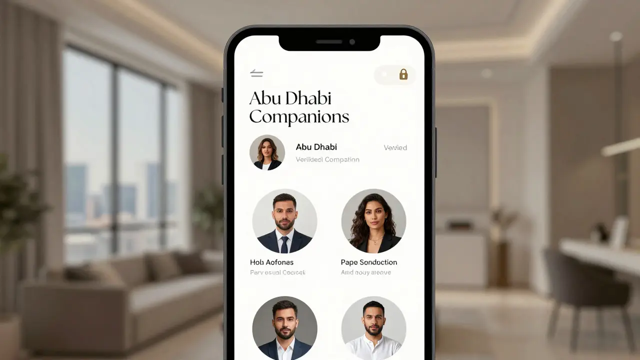 A clean, secure escort service website interface with professional profiles and no explicit content.