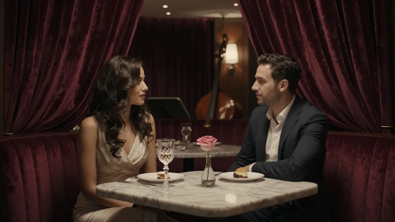 A couple in a private velvet booth at a luxury Dubai lounge, engaged in quiet conversation.