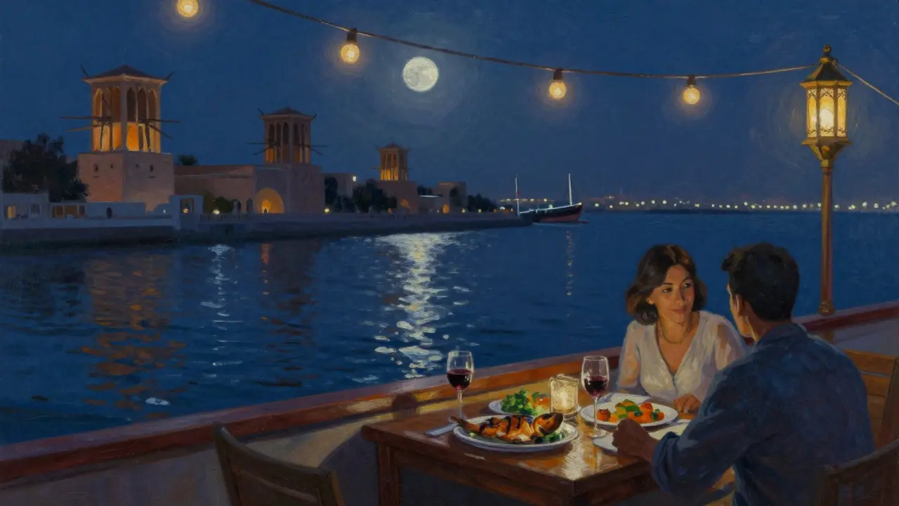 A couple on a quiet dhow cruise along Dubai Creek at night, surrounded by traditional lanterns.