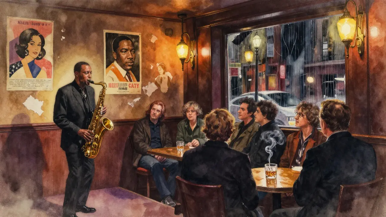 A cozy jazz club with a saxophonist playing at night, patrons in silence under soft amber light.