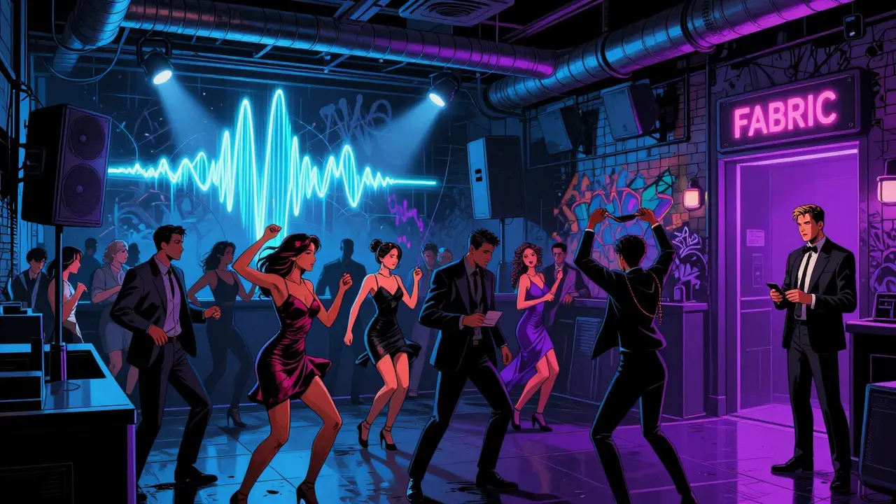 A crowded underground nightclub with neon lights and dancers under pulsing bass waves.