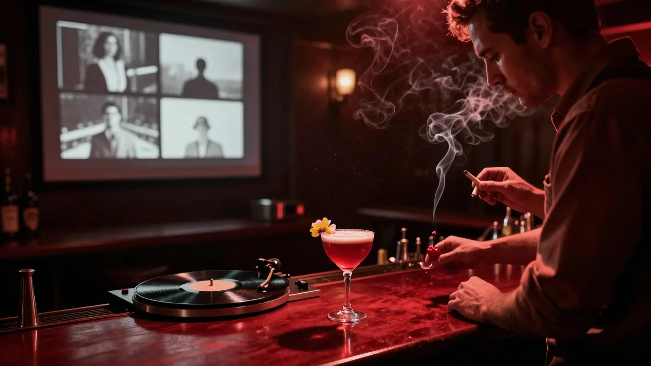 A dimly lit basement bar plays silent films, with a bartender crafting a cinematic cocktail.