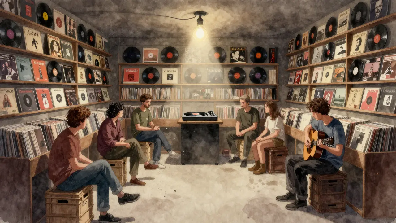 A dimly lit underground record store transformed into a intimate music space with a single spotlight on a turntable.