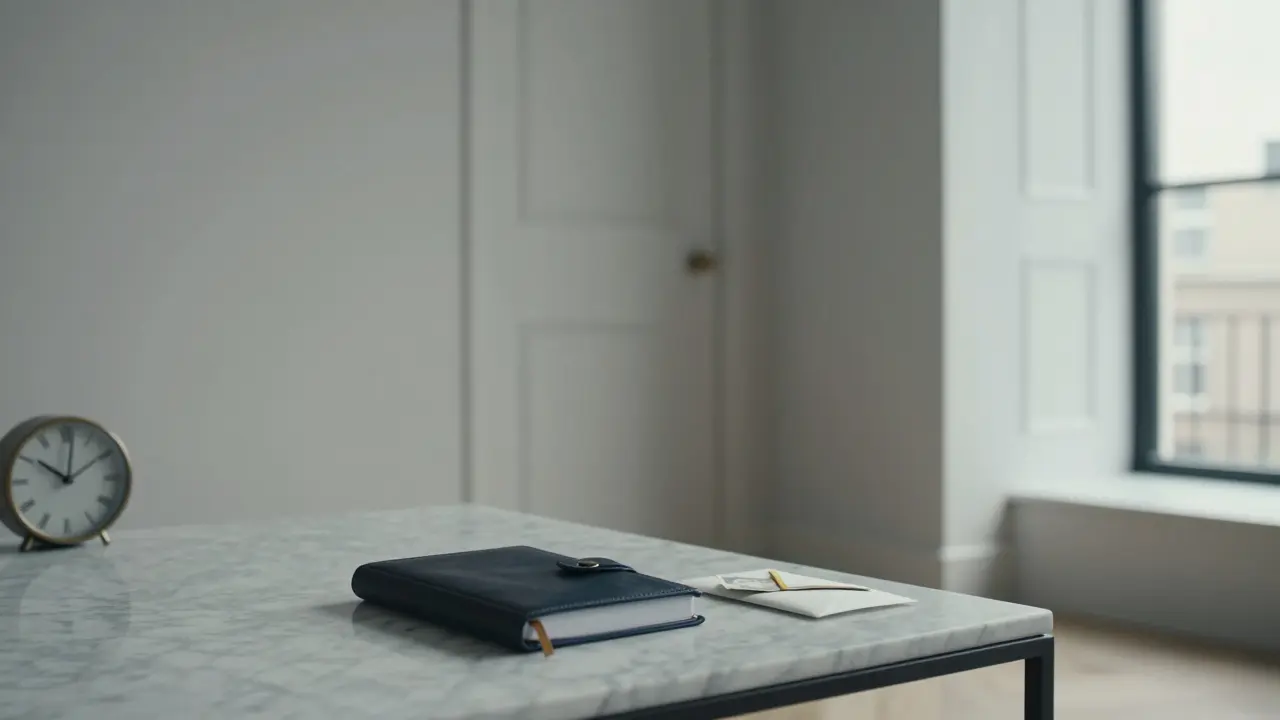 A discreet luxury apartment interior with no personal items, cash on a table, minimalistic and private.