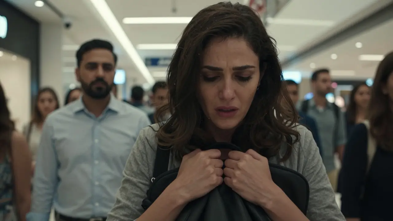 A fearful woman in a crowded Dubai mall, avoiding eye contact, surrounded by security cameras and reflective surfaces.