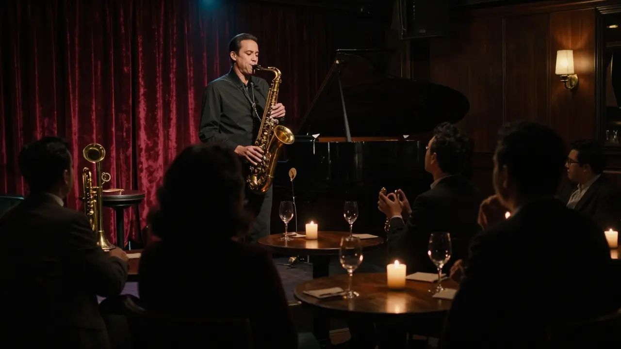 A jazz musician playing under a spotlight in a cozy, intimate club with attentive listeners.
