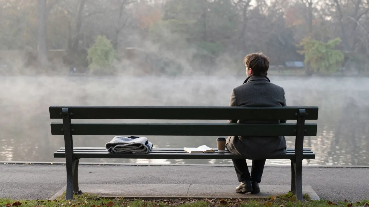 A lone traveler sits on a park bench at dawn, with signs of a recent companion’s presence nearby.